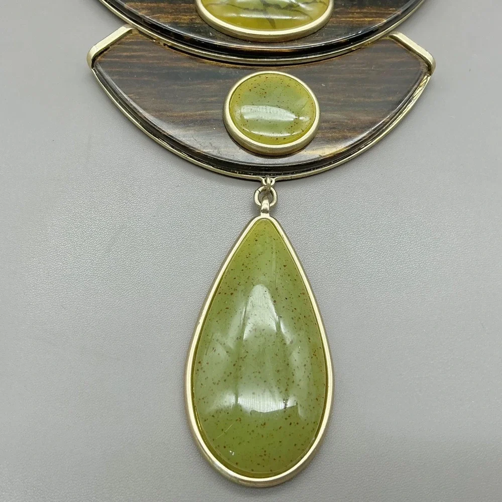 Chico's Necklace Green Brown Bib Statement Faux Suede Gold Tone Teardrop Boho